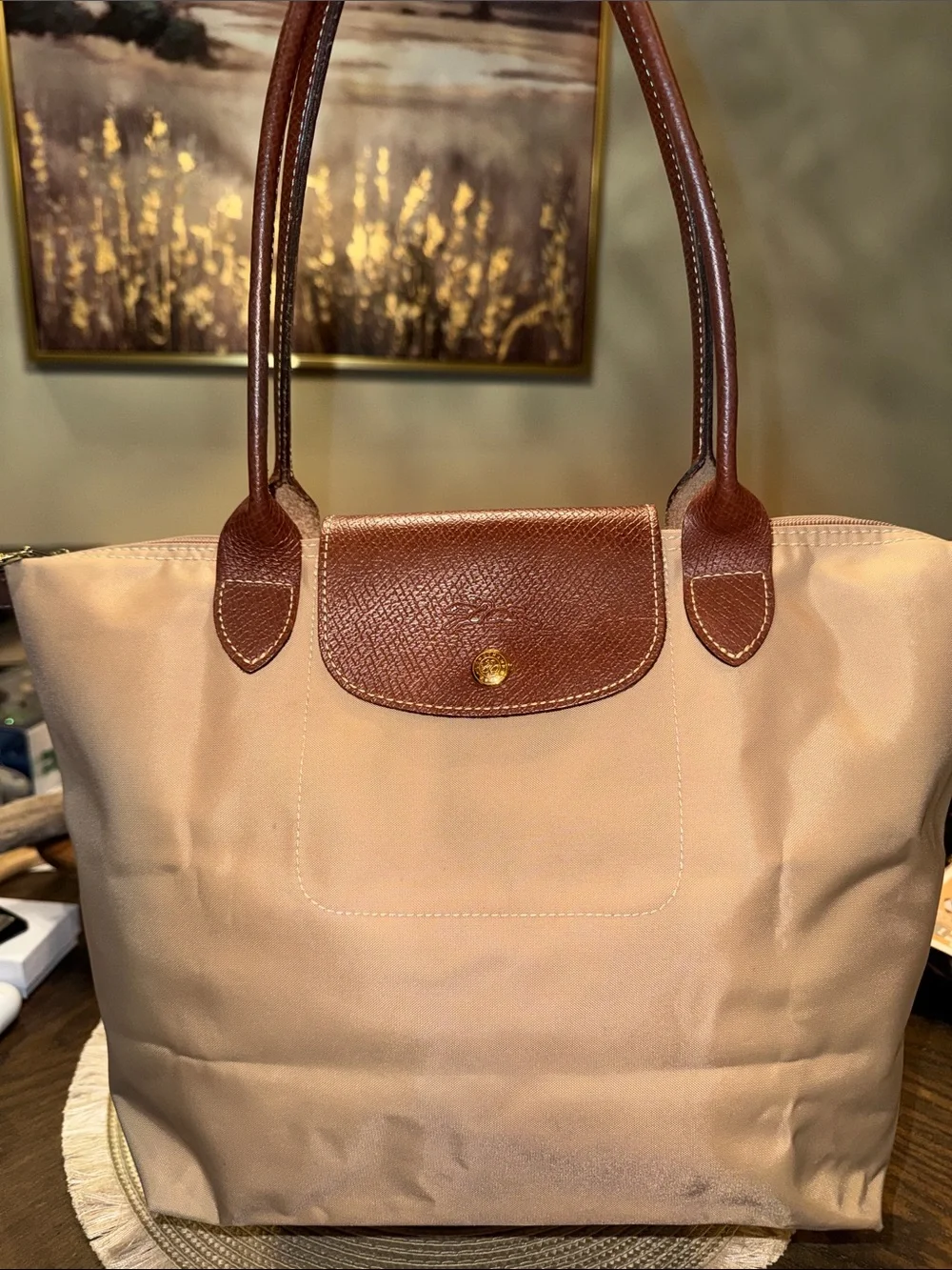 Longchamp Beige Nylon Shoulder Bag-tote 2-way bag with Brown Leather Trim - Picture 1 of 12